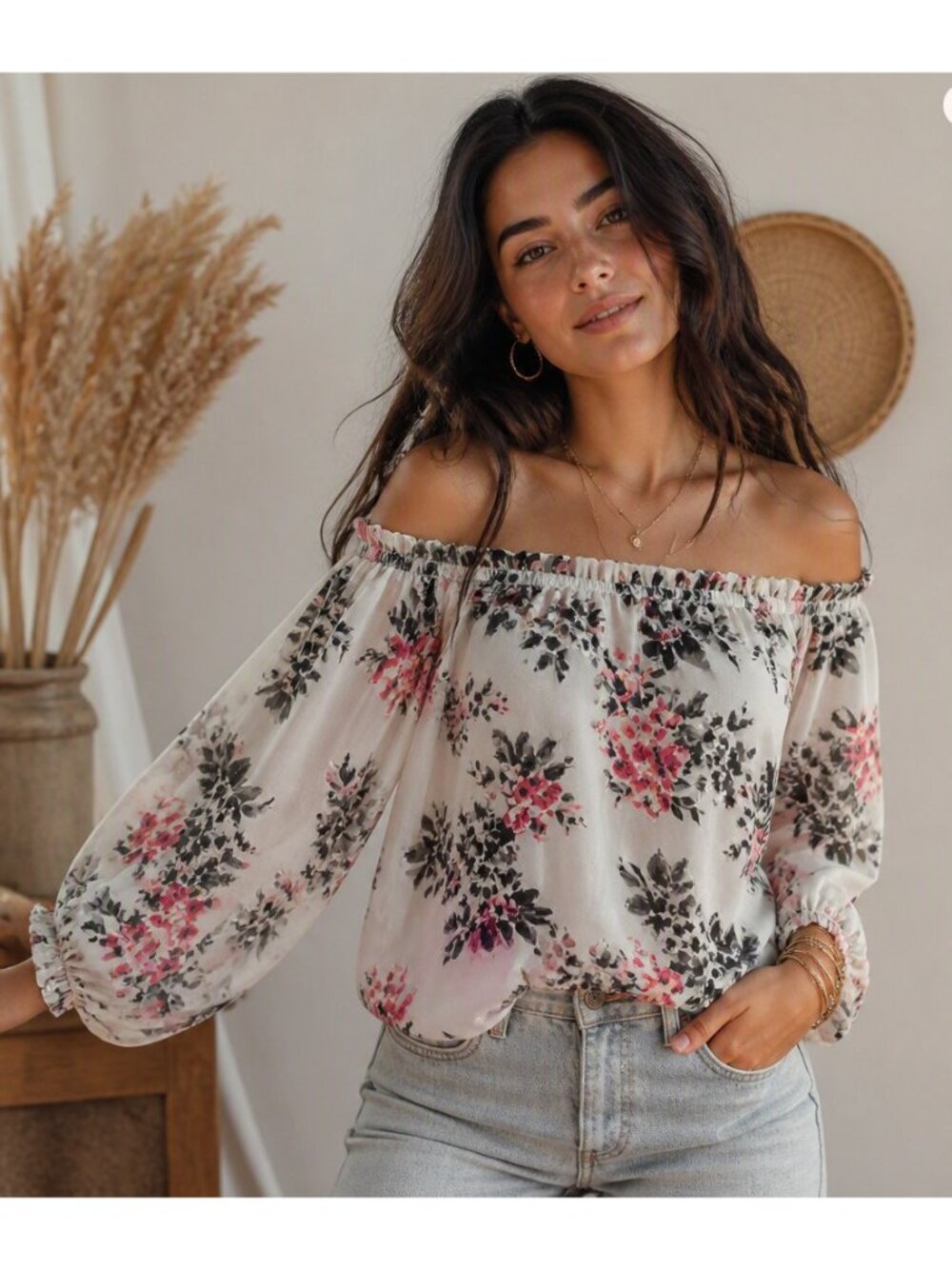 White House Black Market Silk Burnout Velvet Floral Off Shoulder Blouse M Boho